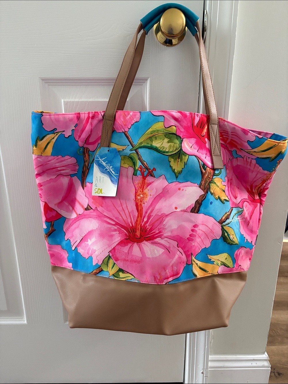 Art & Sol Pink Floral Tote with Tan Base